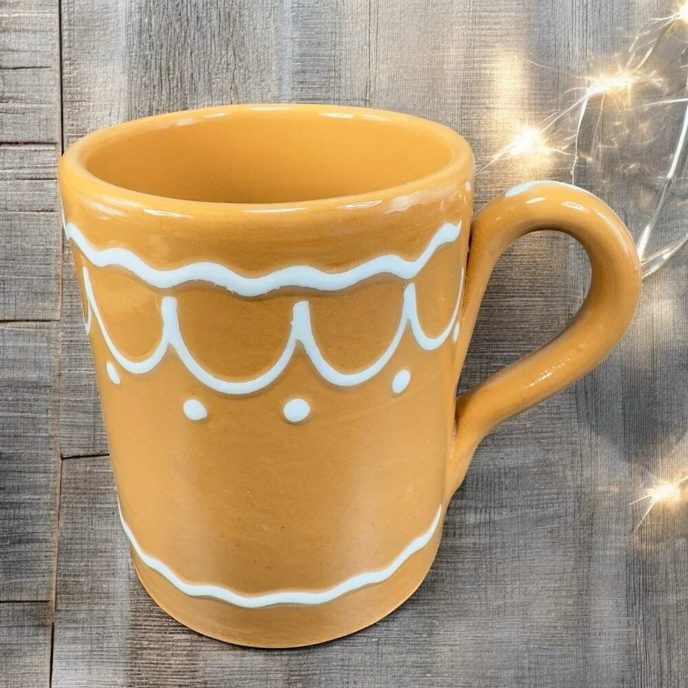 Pier 1 Coffee Mug Cup Brown Gingerbread White Swirl Mug Hand Painted Italy 2Cups